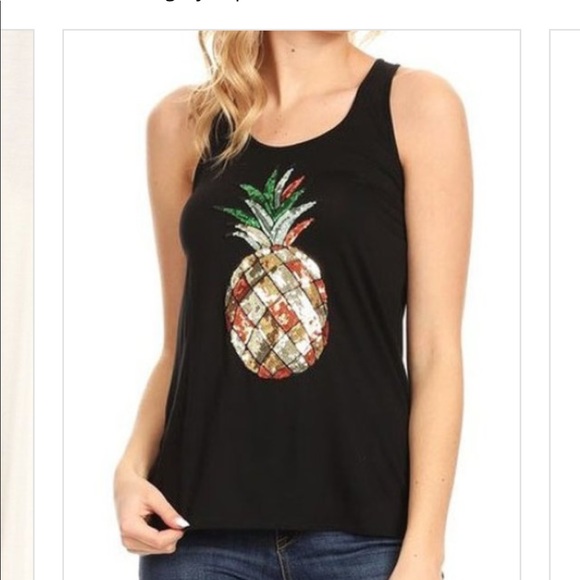 Tops - Soft black tank with sequin pineapple.